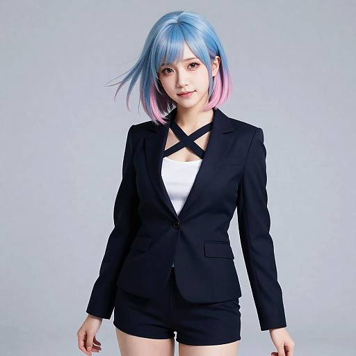 Young woman with blue and pink hair in business suit