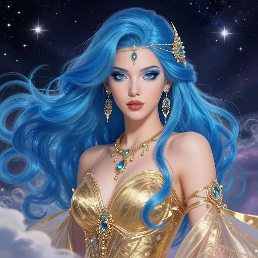 Digital art of a fair-skinned, blue-eyed, blue-haired woman with long, flowing hair, wearing a gold, jewel-encrusted dress