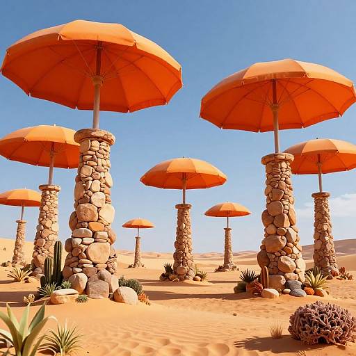 Surreal Desert with Floating Umbrella Oases