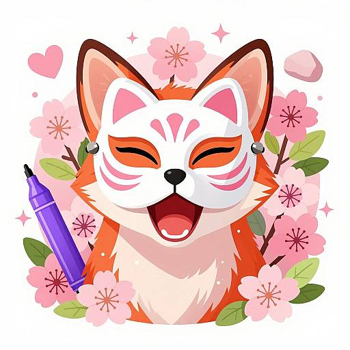 Red Fox Wearing Japanese Kitsune Mask with Cherry Blossoms