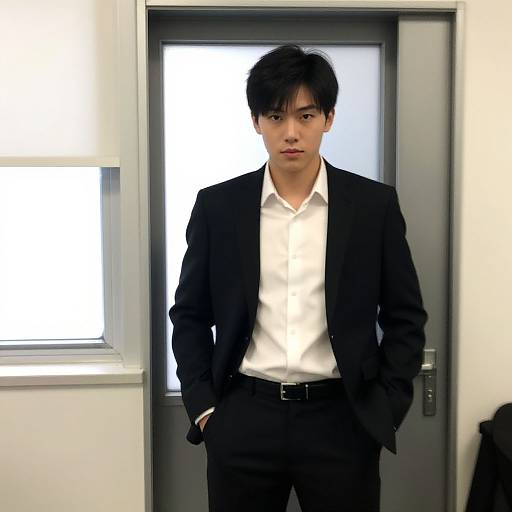 Photograph of an Asian man with short black hair, wearing a black suit, white dress shirt, and black pants, standing in front of a bright