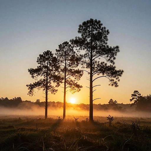 Photograph of a serene sunrise with three tall pine trees silhouetted against a bright orange and blue sky, surrounded by misty fog over a