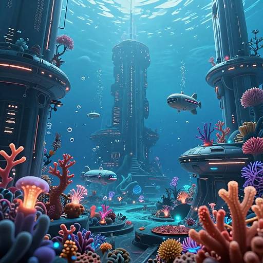 Digital artwork of a vibrant underwater city with futuristic towers, colorful coral reefs, glowing fish, and bubbles, bathed in blue light.