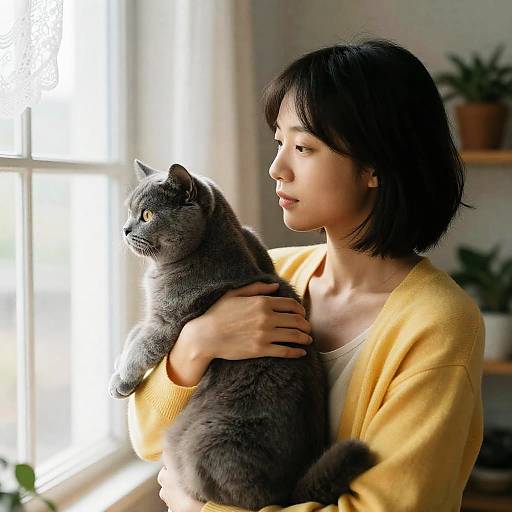 Serene Woman with Cat by Window