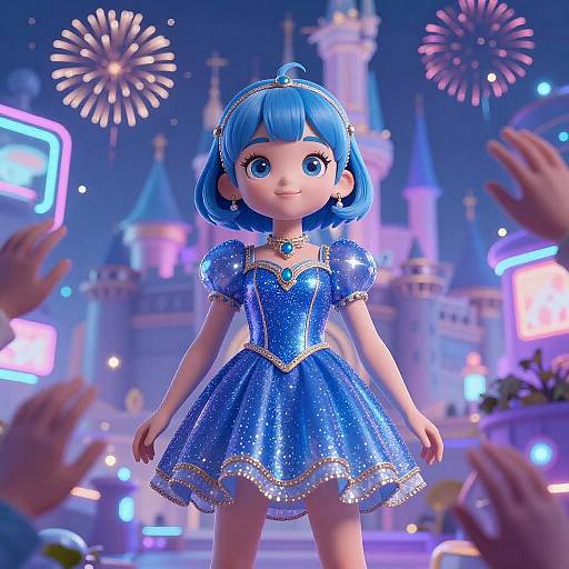 Anime Girl in Sparkly Blue Dress at Neon Festival