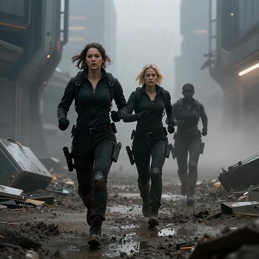 Three Women Running in Futuristic Ruined City