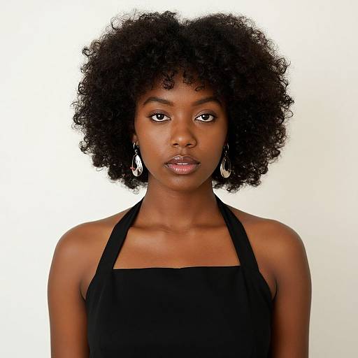 Photograph of a beautiful Black woman with natural curly hair, wearing a black halter top and hoop earrings, against a plain white background.