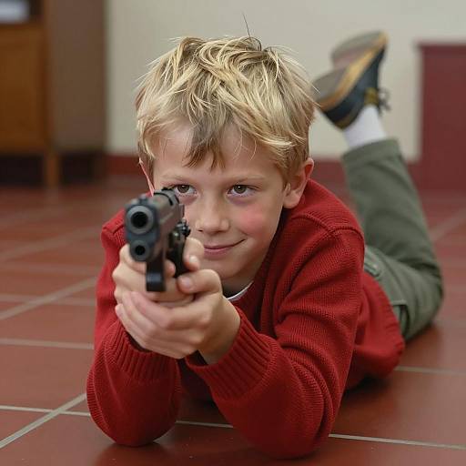 Playful Boy Aiming with a Toy Gun