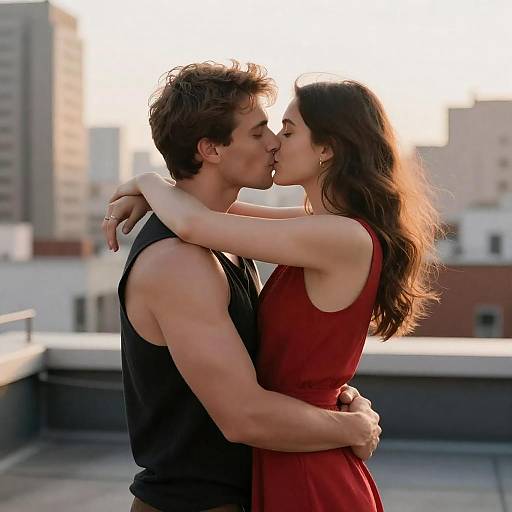 Romantic Rooftop Kiss at Sunset