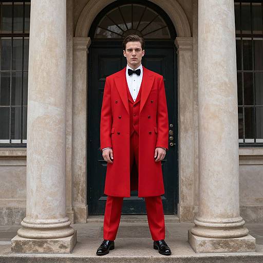 Photograph of a stern-looking man in a vibrant red double-breasted coat, black bow tie, white shirt, and red pants, standing in front