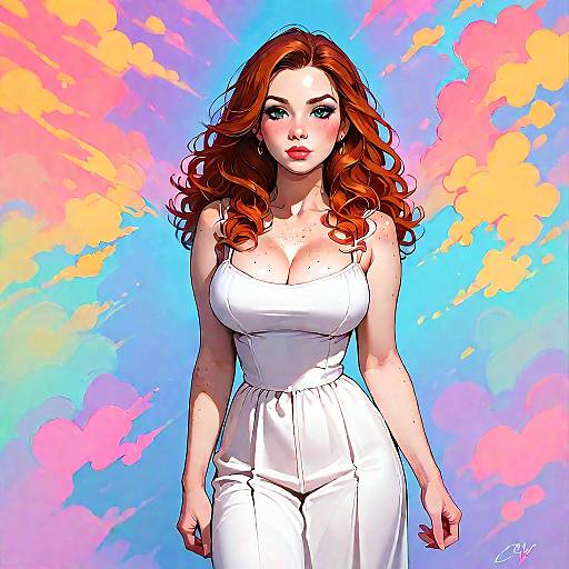 Redhead Woman in White Dress with Colorful Abstract Background