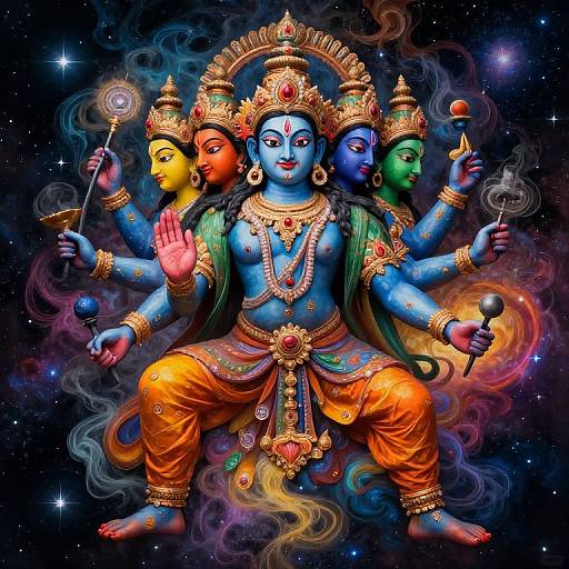 Vibrant digital artwork of multi-armed blue-skinned Hindu deity with colorful, ornate crown, holding various objects, set against a cosmic background