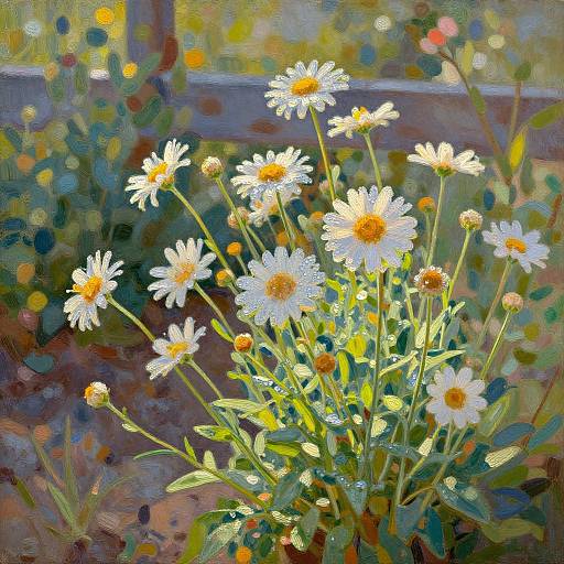 Vibrant oil painting of white daisies with yellow centers, surrounded by green leaves and blurred colorful garden background. Bright sunlight highlights the flowers.