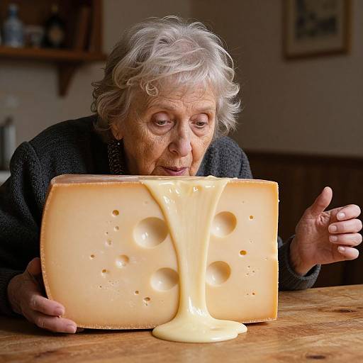 Photograph of an elderly woman with short gray hair, in a dark sweater, licking melted cheese from a large block.