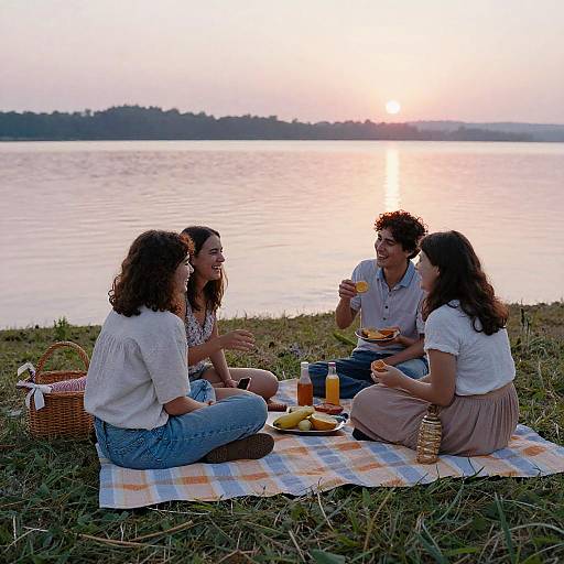 Joyful Friends Picnic by Lake Dawn