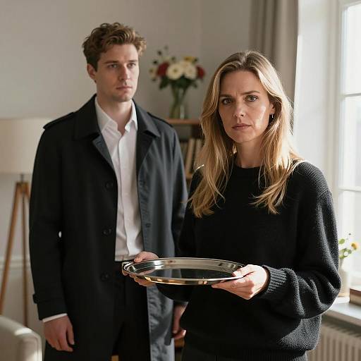 Serious woman holding silver tray with man in background