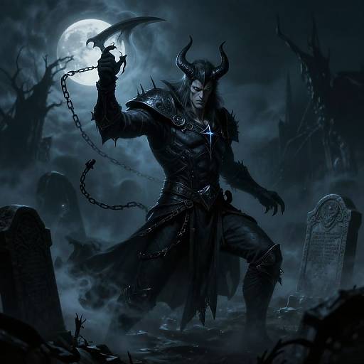 Digital artwork of a dark, demonic warrior with horns, chainmail, and a raised scythe under a full moon in a haunted graveyard.