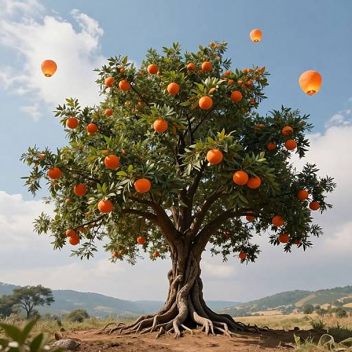 Photograph of a vibrant orange tree with ripe fruit, orange balloons floating, set against a clear blue sky and distant hills.