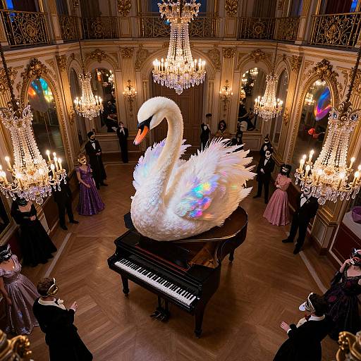 Photograph of a white swan with iridescent feathers atop a grand piano in an opulent ballroom with chandeliers, elegantly dressed