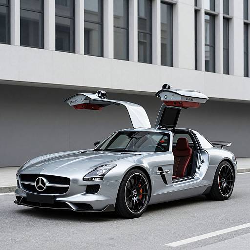 Photograph of a sleek, silver Mercedes-AMG GT with gull-wing doors open, driving on a city street with modern, glass-fronted
