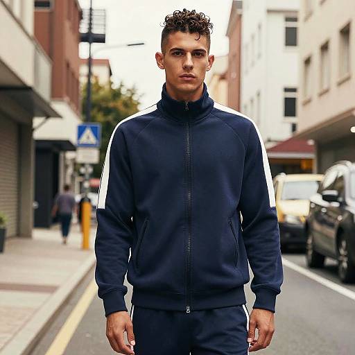 Male Athlete with Wavy Faux Hawk in Tracksuit on Urban Street