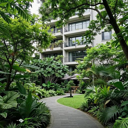 Photograph of a lush, green, tropical garden pathway leading to a modern, white, multi-story building with balconies and large windows.