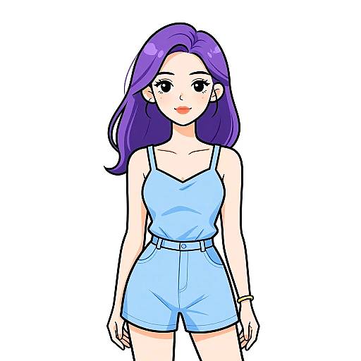 Digital anime-style drawing of a smiling woman with purple hair, wearing a light blue spaghetti strap top and high-waisted shorts. White background.