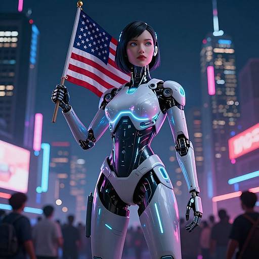 Cyberpunk Female Android with Flag