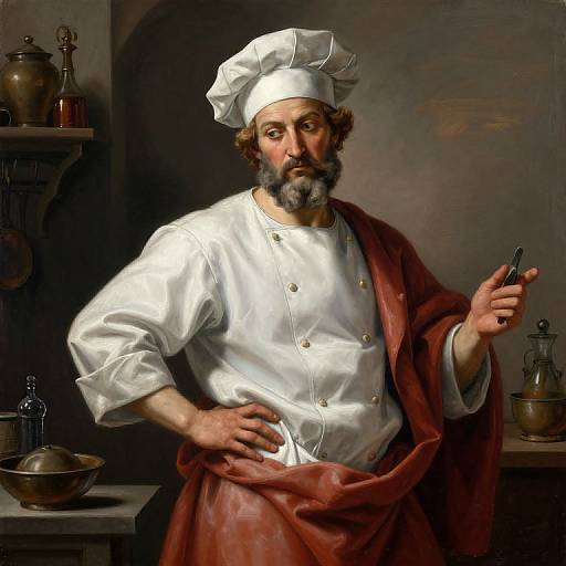 Baroque-style painting of a bearded, middle-aged male chef in white doublet and red robe, holding a spoon, with kitchen utensils in