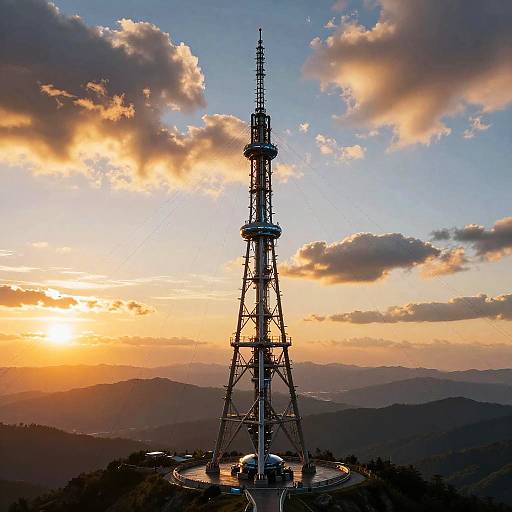Futuristic Transmission Tower at Sunset
