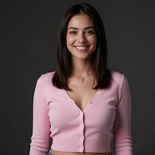 Radiant Woman in Soft Pink Cardigan