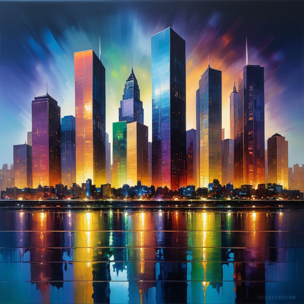 Vibrant City Skyline in Oil