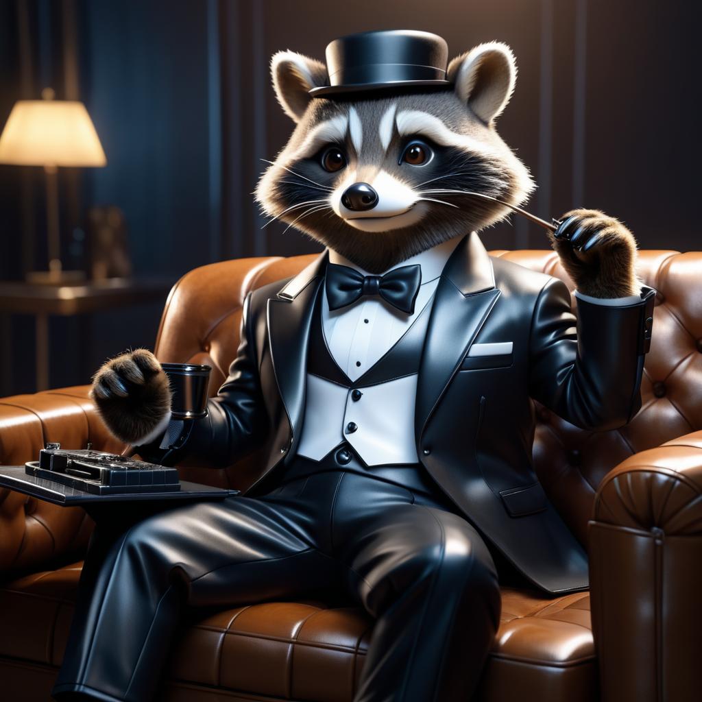 Dapper Raccoon Businessman on Leather Couch