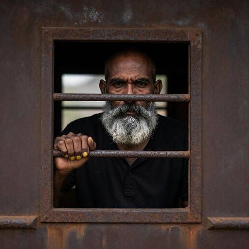Bearded Man Peering Through Rusty Window