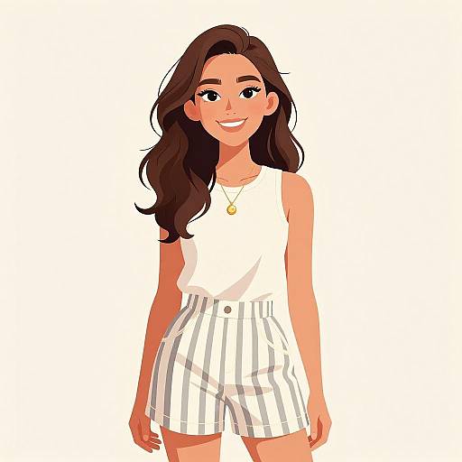 Digital illustration of a smiling woman with long brown hair, wearing a white tank top and high-waisted white striped shorts, against a white background.