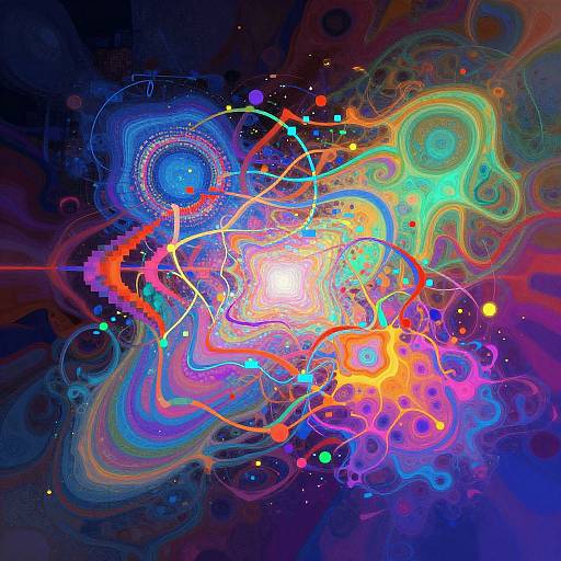 Vibrant digital artwork featuring swirling, colorful lines and patterns in neon blues, greens, oranges, and pinks against a dark, starry background