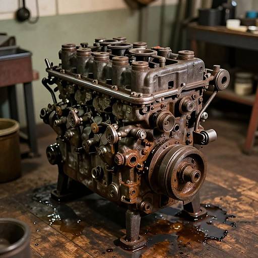 Rusty Engine Oil Leak in Workshop