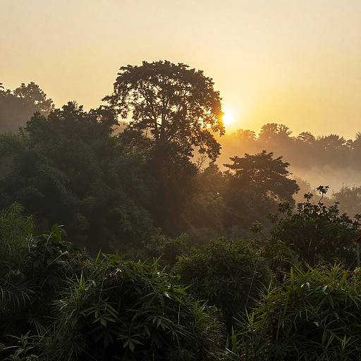 Misty Sunrise Over Forest Landscape