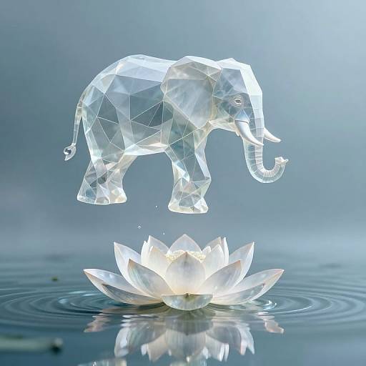 Geometric crystal elephant hovers above glowing lotus flower on rippling water, with a soft blue gradient background. Digital art.