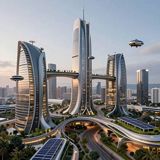 Photorealistic digital artwork of a futuristic cityscape with towering, curved skyscrapers, elevated highways, solar panels, and hovering airships against a