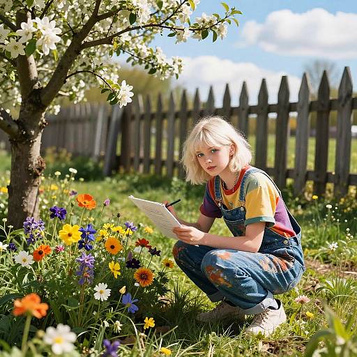 Teenage Girl Sketching Flowers Outdoors
