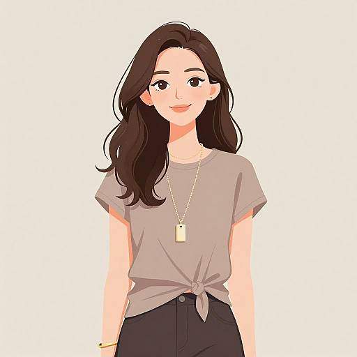 Digital anime-style illustration of a smiling woman with long dark brown hair, wearing a tied gray shirt, black pants, gold necklace, and gold bracelet,