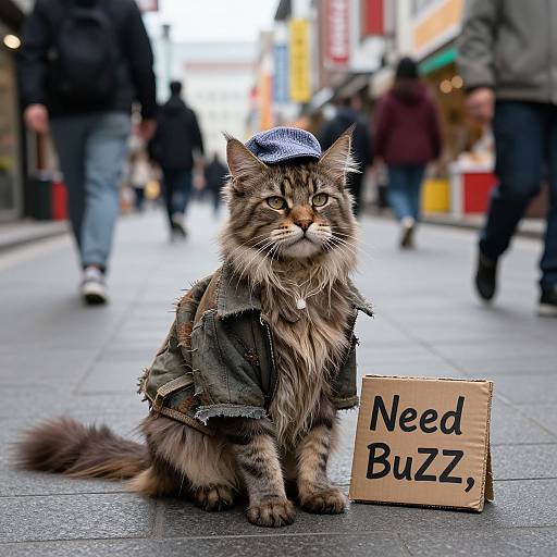 Photograph of a long-haired tabby cat wearing a blue checkered hat and green jacket, sitting on a city sidewalk with a 