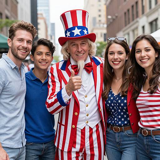Photograph of five smiling people in a city street, including a man in a red-white-striped suit and top hat, with stars and stripes attire on