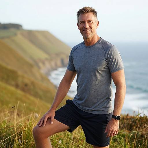 Photograph of a middle-aged, smiling man with short brown hair, wearing a gray t-shirt and black shorts, posing outdoors on a grassy cliff