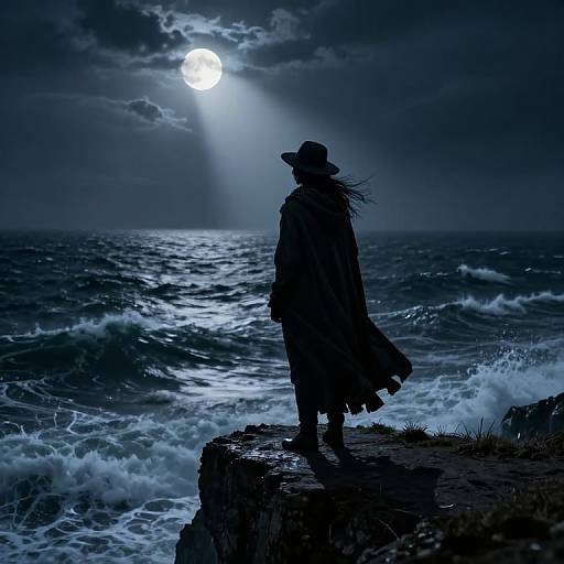Silhouetted figure in long coat and hat stands on rocky cliff, gazing at moonlit, turbulent ocean under a cloudy night sky.