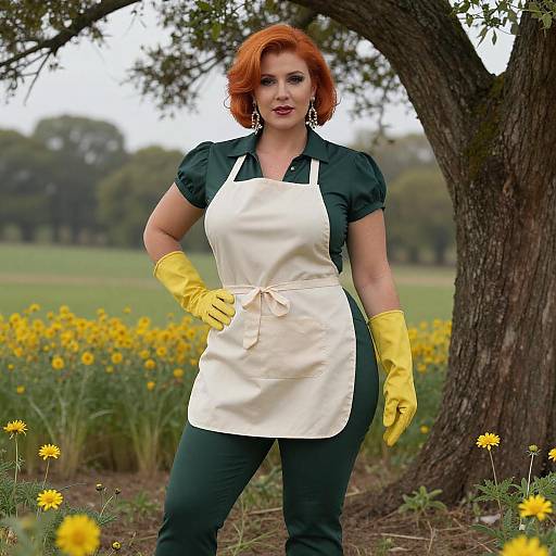 Photograph of a red-haired woman with fair skin, wearing a green blouse, white apron, yellow gloves, and earrings, standing in a sunny