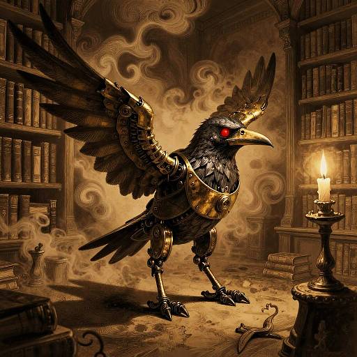 Digital illustration of a metallic, black crow with red eyes, standing in a smoky, dimly-lit library with bookshelves and a lit