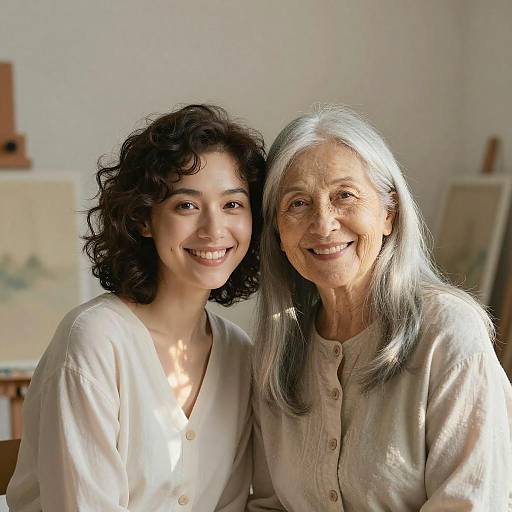 Photograph of a smiling young woman with curly black hair and an elderly woman with long gray hair, both wearing white button-up shirts, standing close together
