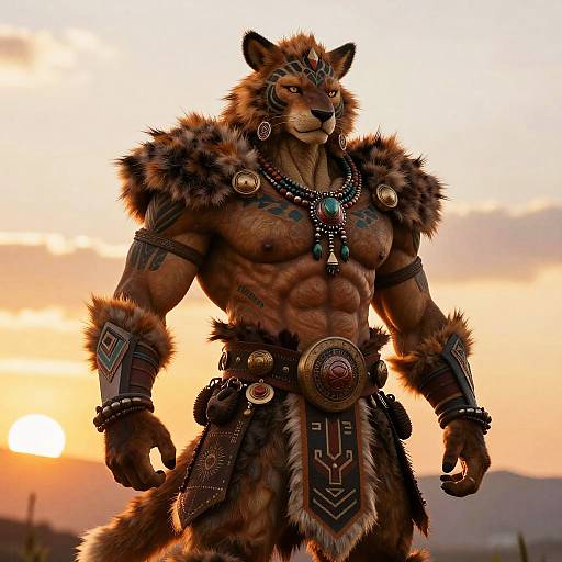Digitally rendered anthropomorphic wolf warrior with muscular build, fur accents, tribal jewelry, and ornate armor, standing against a sunset sky.